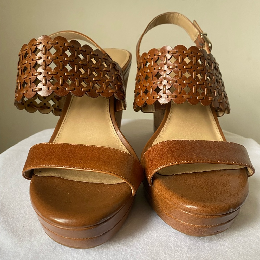 Antonio Melani Brown Leather Cork Wedge Womens Sandals 10M Preowned